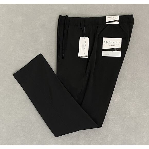 Perry Ellis Men's Large Techworks Pant Slim Fit Stretch Drawstring Black NEW - Picture 1 of 10